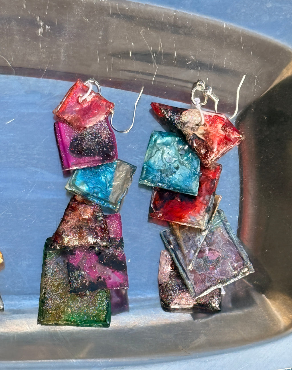 Mixed-Media Layered Chandelier Earrings – Upcycled Holographic Statement Dangles {wearable art}