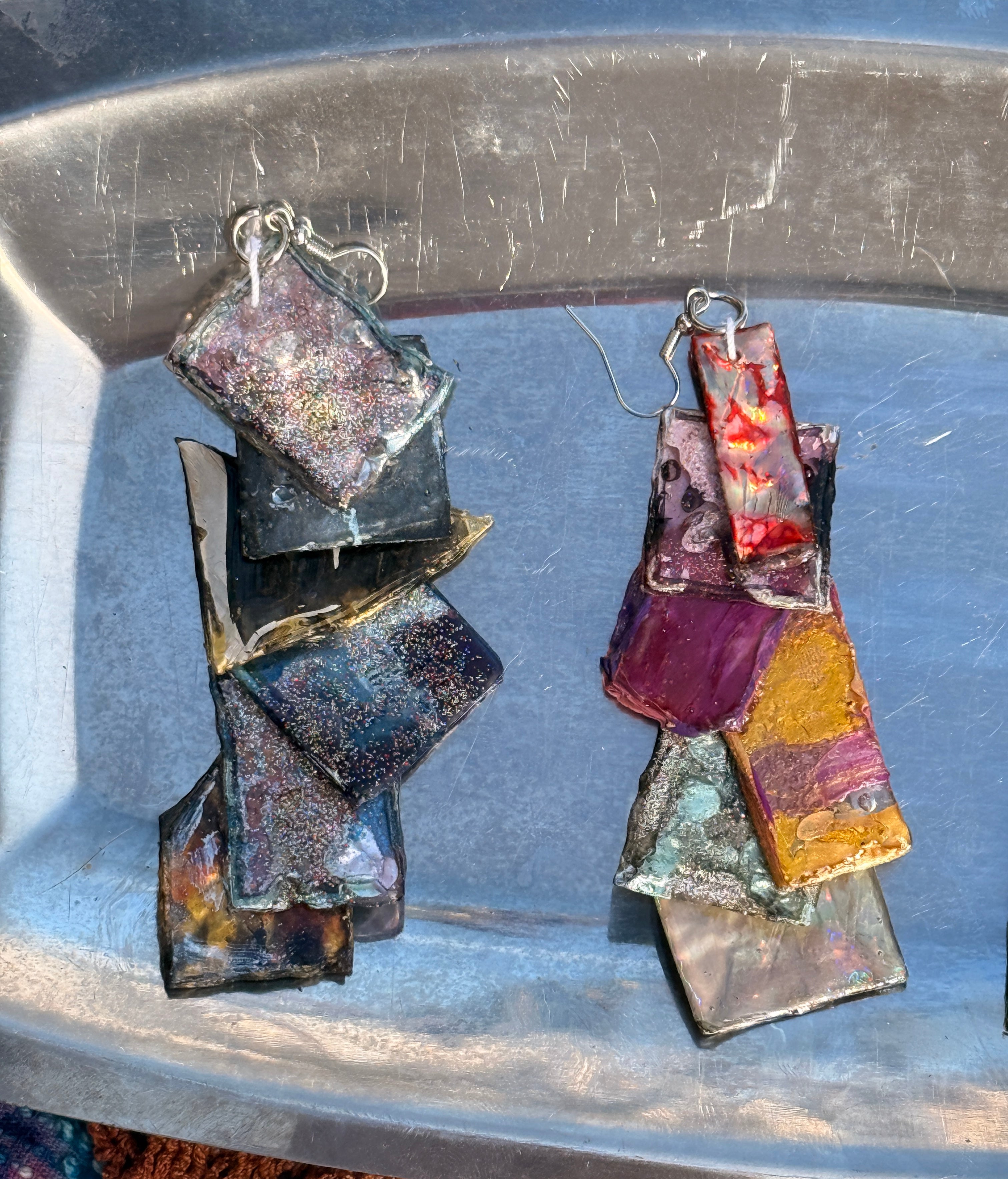 Mixed-Media Layered Chandelier Earrings – Upcycled Holographic Statement Dangles {wearable art} [pair #2]