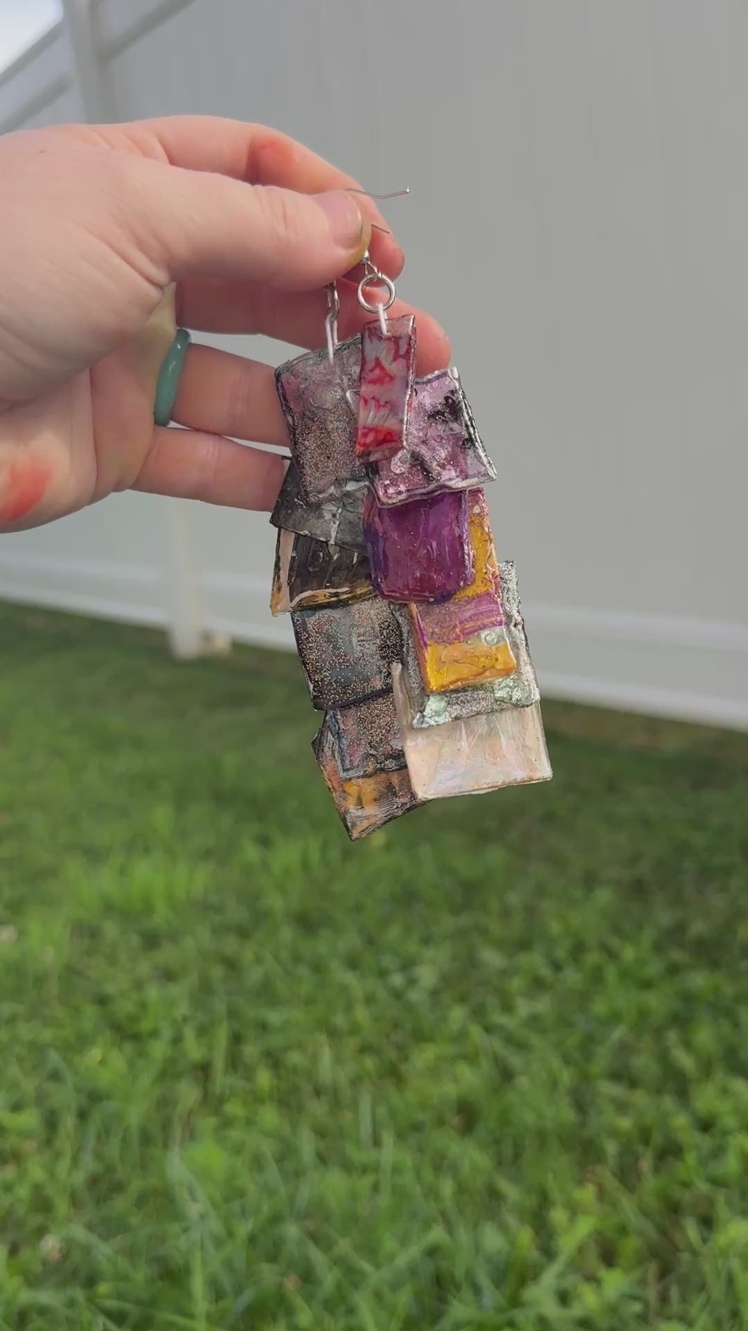 Mixed-Media Layered Chandelier Earrings – Upcycled Holographic Statement Dangles {wearable art} [pair #2]